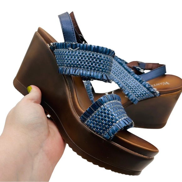 Vintage Fringe Woven Ankle Strap Open Toe Platform Wedge Sandal Navy Brown 8 - Picture 13 of 13